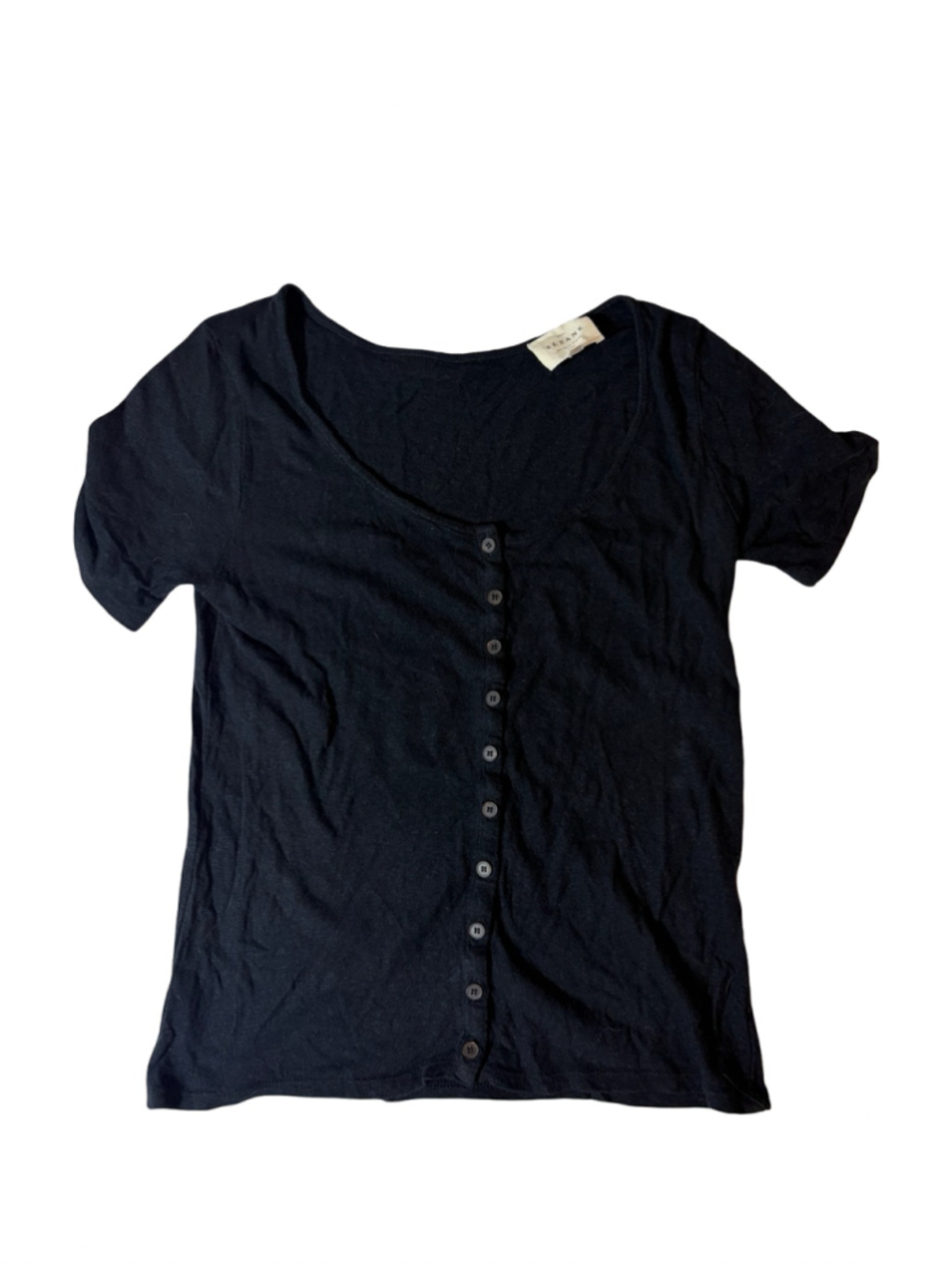 Sézane Paris Black Linen Cotton Button Front Scoop Neck Top XS French Girl